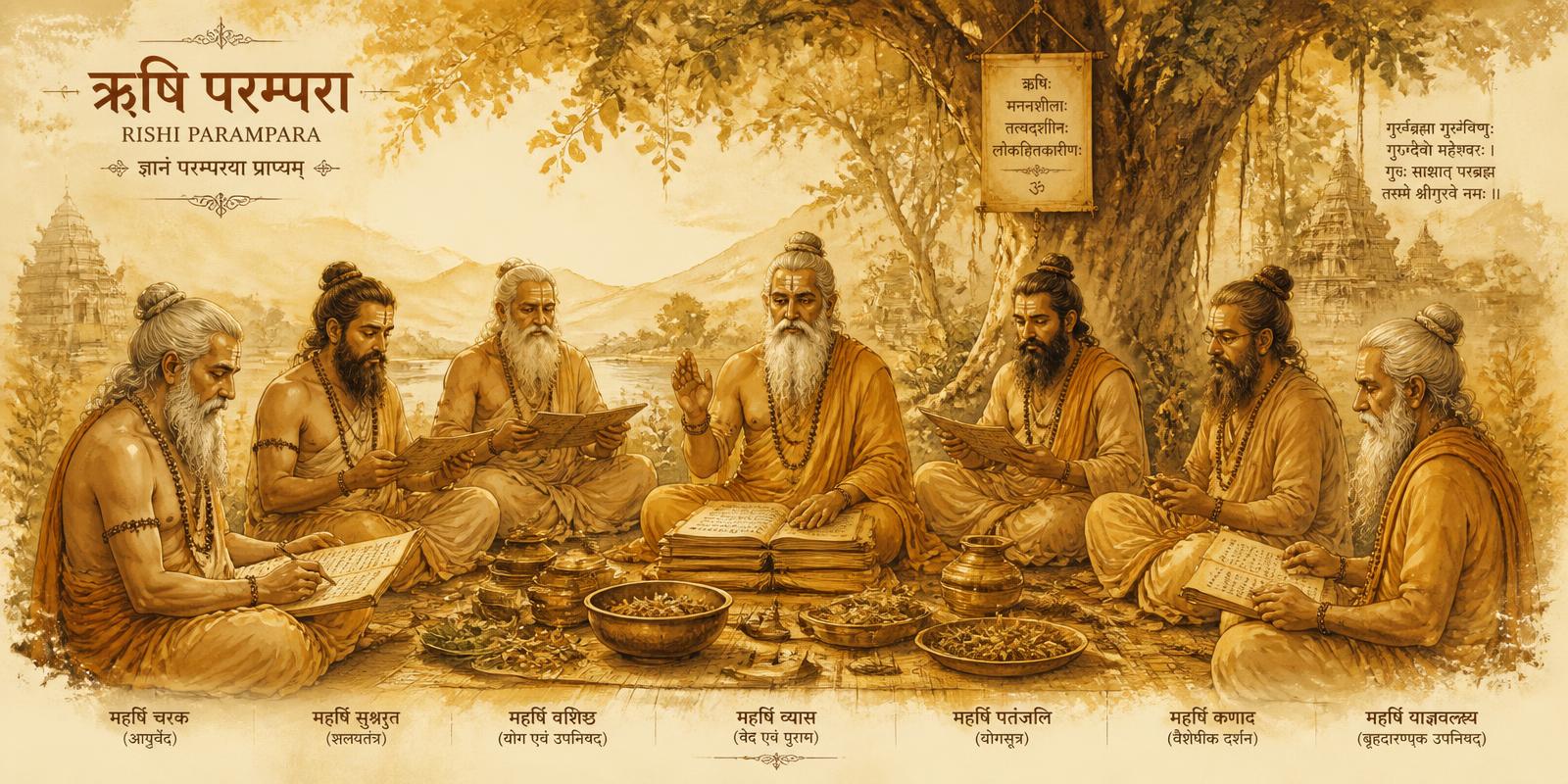 Painterly illustration of ancient rishi sages in council with palm-leaf manuscripts and herbs
