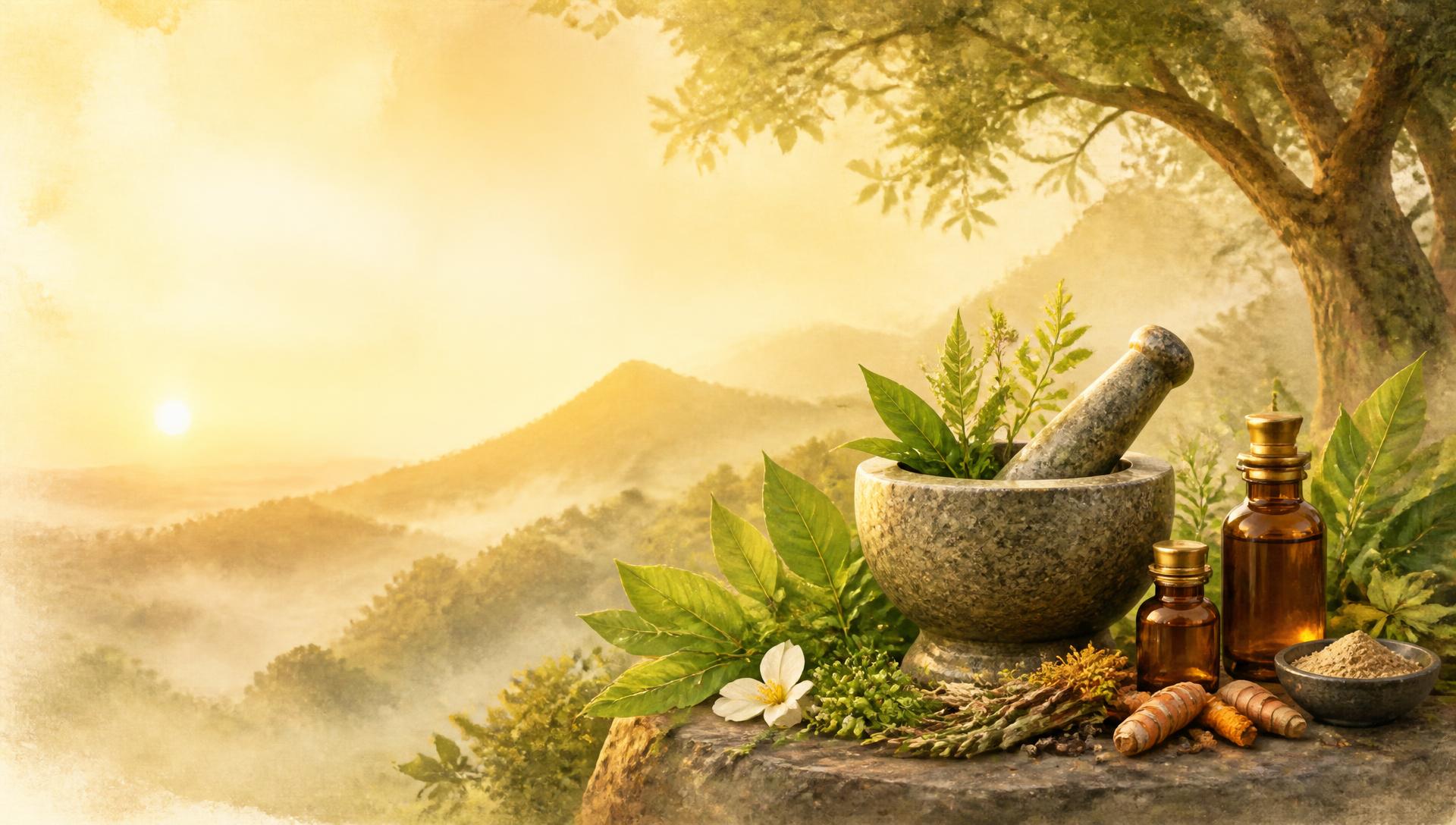 Stone mortar and pestle with Ayurvedic herbs at golden sunrise