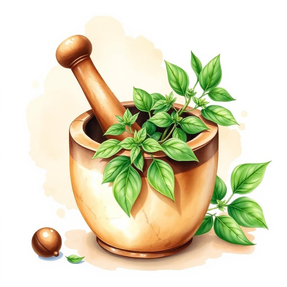Watercolour illustration of a mortar and pestle with fresh Ayurvedic herbs